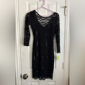 Black lace and sequin fitted midi dress